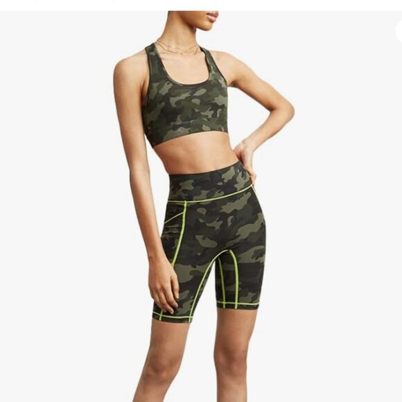 Bandier x All Access Center Stage Pocket Biker Short in Olive Camo - Picture 1 of 7
